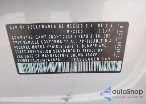 2012 Volkswagen Jetta 2.5L Se z USA, uszkodzony, nr VIN 3VWBP7AJ0CM362980